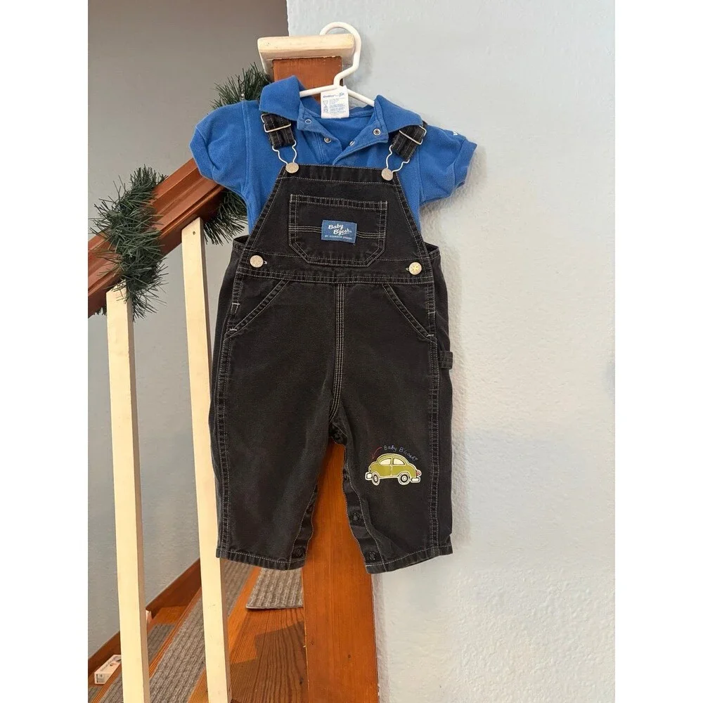 12 mths vintage baby Oshkosh b’gosh black overalls outfit car onesie